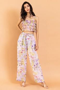 Chiffon Floral Co-Ord Set - Ruffle Crop Top & Pants - Blush via Urbankissed