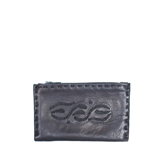 Embroidered Leather Coin Wallet in Black from Abury