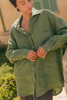 MOLLY oversized collar linen shirt in Matcha Green via AmourLinen