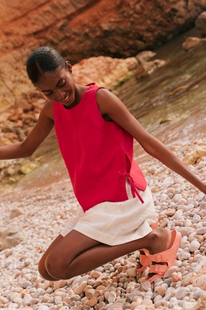 Rosie linen top with ties M Viva Magenta from AmourLinen