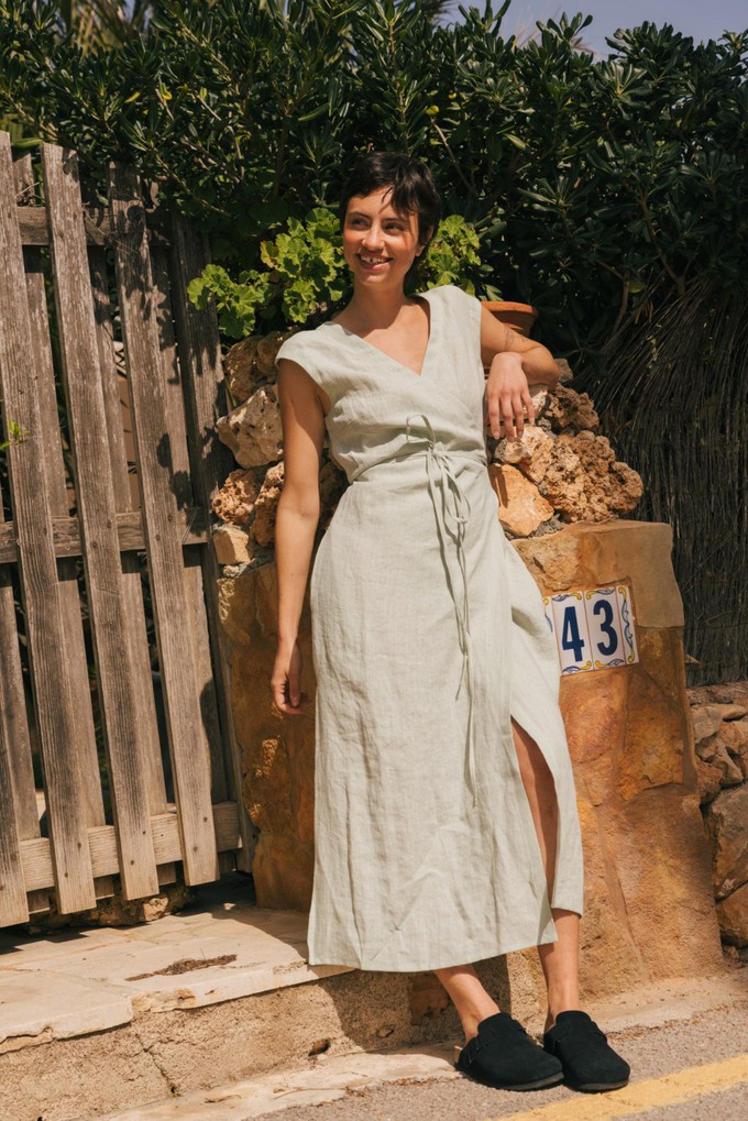 Aurora mid-length linen dress in Sage Green from AmourLinen