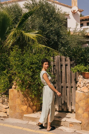 Aurora mid-length linen dress in Sage Green from AmourLinen