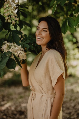 Linen wrap dress OLIVIA in Mustard from AmourLinen