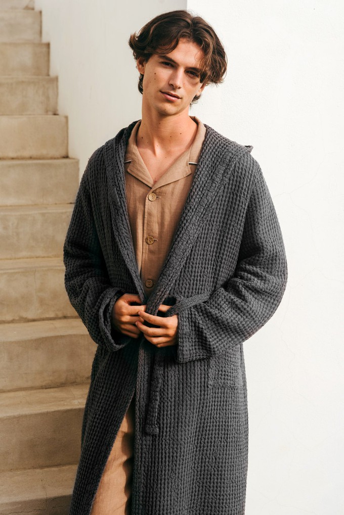 Men's waffle linen bathrobe in Charcoal from AmourLinen