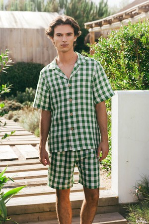 Linen loungewear shorts set ASPEN in Green Gingham from AmourLinen