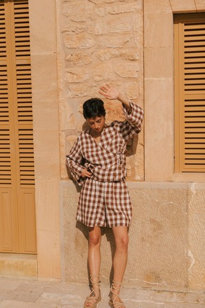 BETTY classic linen shorts in Mocha Gingham from AmourLinen