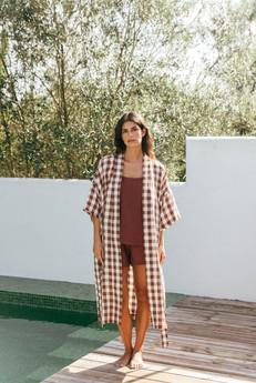 Linen bathrobe Midnight in Mocha Gingham | sale via AmourLinen