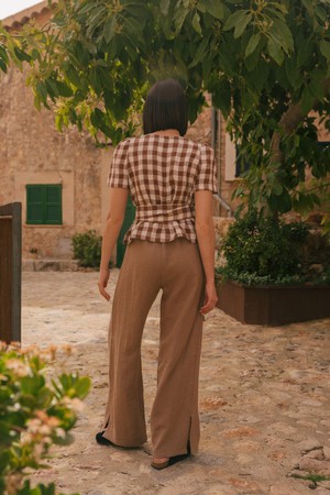 Elisa wrap linen top L Mocha Gingham from AmourLinen