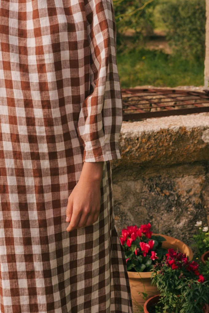 AMALIA long-length linen dress in Mocha Gingham from AmourLinen