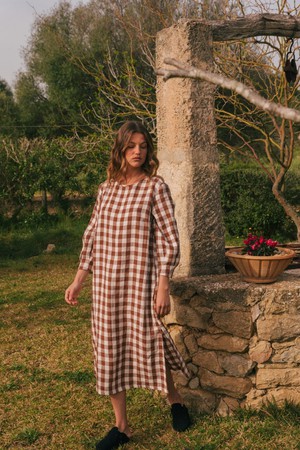 AMALIA long-length linen dress in Mocha Gingham from AmourLinen