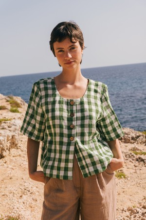 MAEVE button linen top in Green Gingham from AmourLinen