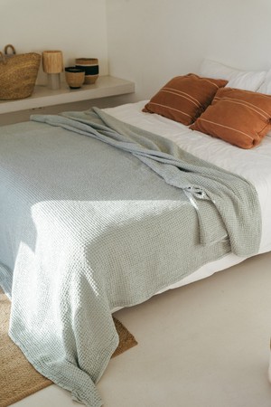 Linen waffle bed throw in Sage Green from AmourLinen