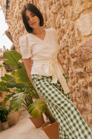 Barbora straight linen pants XXL Green Gingham from AmourLinen