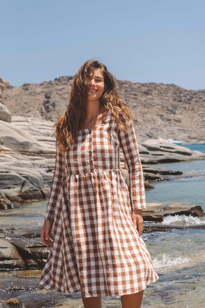 Lapland mid-length linen dress in Mocha Gingham from AmourLinen