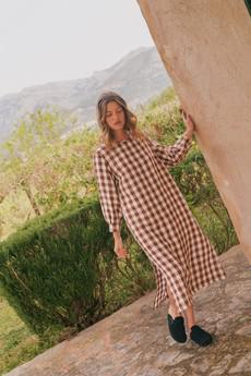 Amalia long-length linen dress M Mocha Gingham via AmourLinen