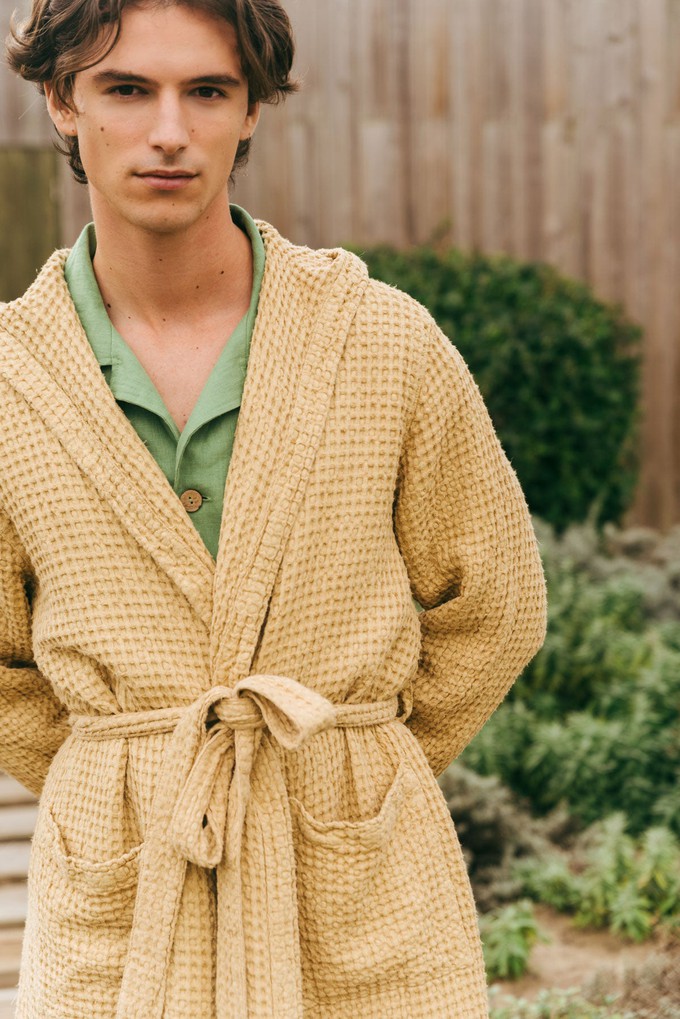 Men's waffle linen bathrobe in Mustard from AmourLinen