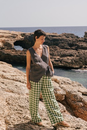 Lydia classic linen pants in Green Gingham from AmourLinen