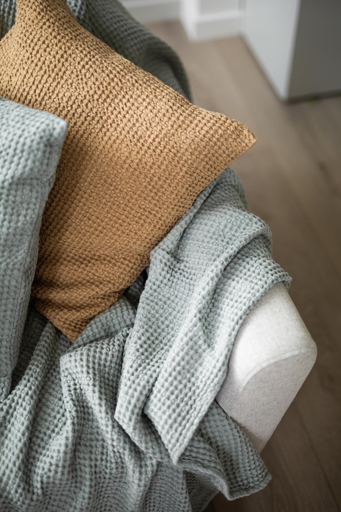 Linen waffle bed throw in Sage Green from AmourLinen