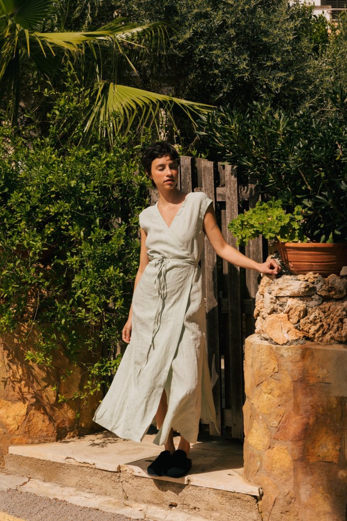 Aurora mid-length linen dress in Sage Green from AmourLinen