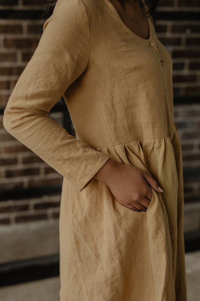 LAPLAND mid-length linen dress in Mustard from AmourLinen