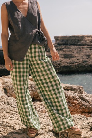 Lydia classic linen pants in Green Gingham from AmourLinen