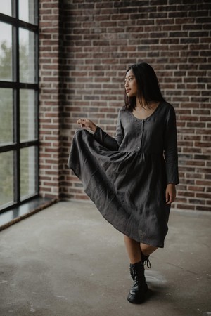 LAPLAND mid-length linen dress in Charcoal from AmourLinen