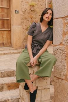 Elisa wrap linen top in Sage Green via AmourLinen