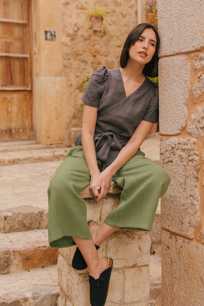 Elisa wrap linen top in Sage Green from AmourLinen