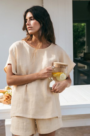 Short sleeve pajama set CLOUD NINE in Mustard from AmourLinen