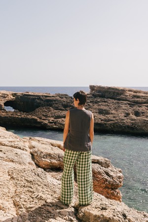 Lydia classic linen pants in Green Gingham from AmourLinen