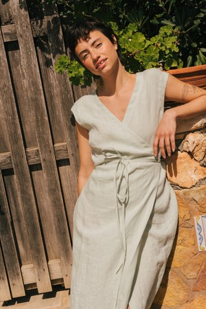 Aurora mid-length linen dress in Sage Green from AmourLinen