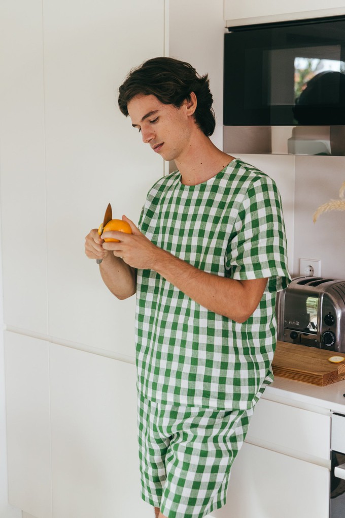 Linen shorts pyjama set BILLY in Green Gingham from AmourLinen