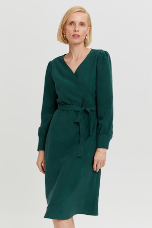 Sophie | Classy Wrap Dress with Puff Sleeves and Tie Waist in Forest Green from AYANI