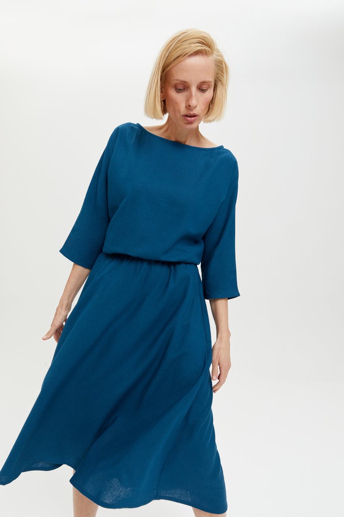 Nane | Linen Dress with 3/4 Sleeves in Petrol-Blue from AYANI