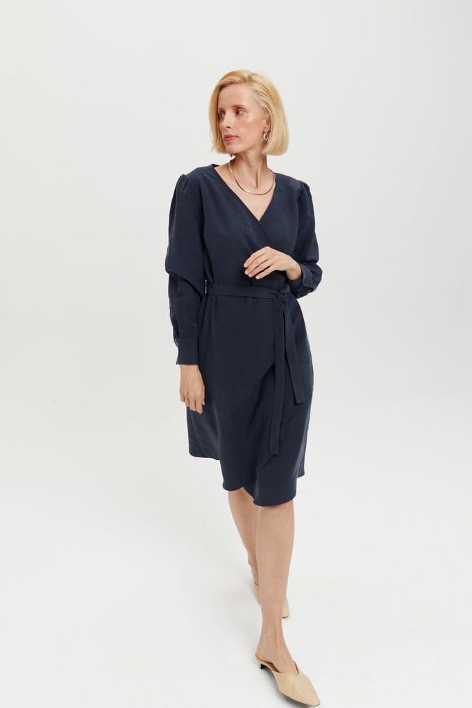 Sophie | Classy Wrap Dress with Puff Sleeves and Tie Waist in Dark Blue from AYANI