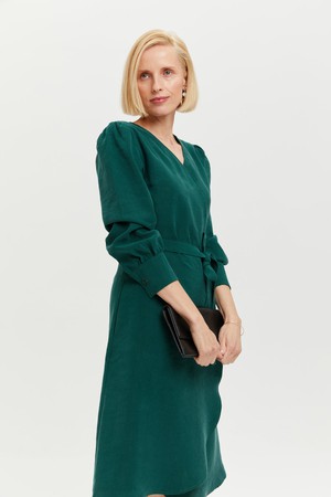 Sophie | Classy Wrap Dress with Puff Sleeves and Tie Waist in Forest Green from AYANI