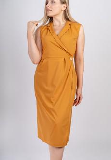 Sara | Sleeveless midi wrap dress in saffron via AYANI