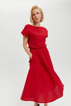 Nane | Linen Dress with Short Sleeves in Red via AYANI