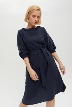 Celine | Elegant Belted Dress with Neckline Element in Dark Blue via AYANI