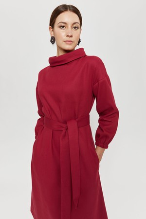 Amalia | Midi Winter Dress with High Rounded Neckline in Red-Bordo from AYANI