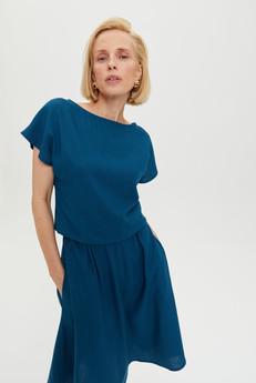 Nane | Linen Dress with Short Sleeves in Petrol-Blue via AYANI