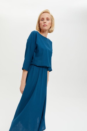 Nane | Linen Dress with 3/4 Sleeves in Petrol-Blue from AYANI