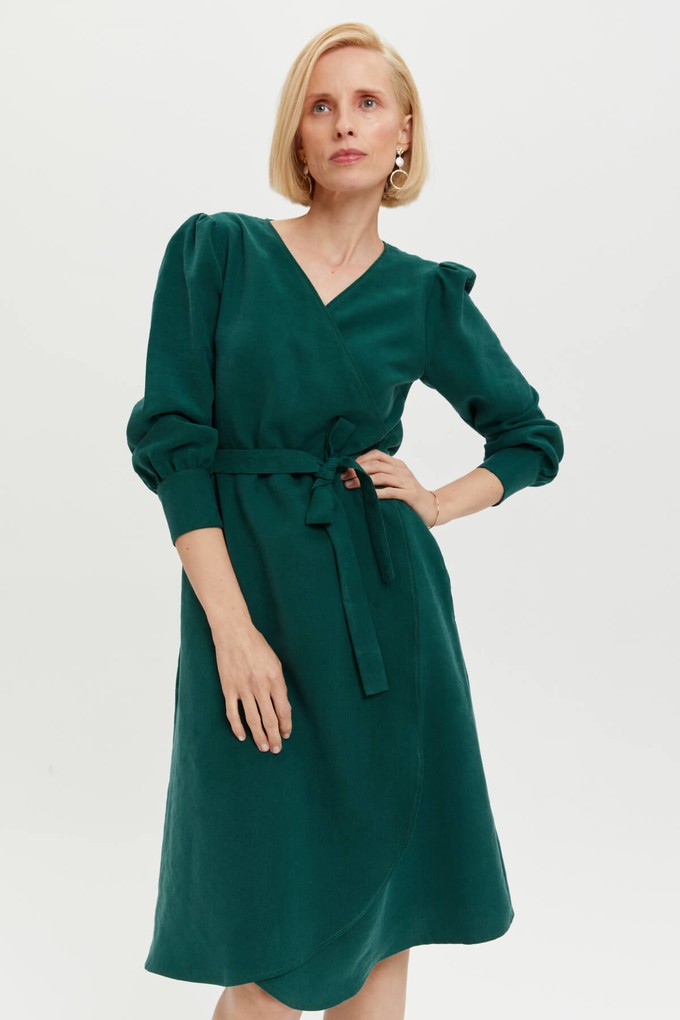 Sophie | Classy Wrap Dress with Puff Sleeves and Tie Waist in Forest Green from AYANI