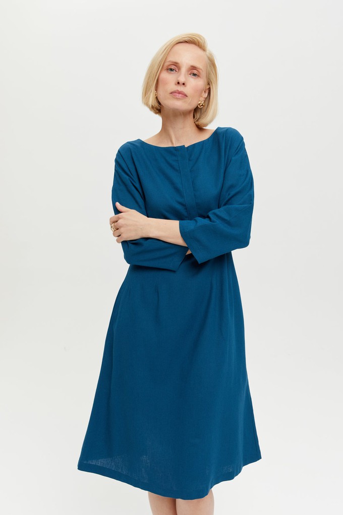 Lusin | Midi Linen Dress with Button-Front in Petrol-Blue from AYANI