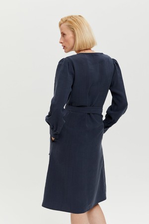 Sophie | Classy Wrap Dress with Puff Sleeves and Tie Waist in Dark Blue from AYANI