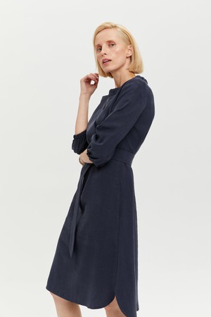 Celine | Elegant Belted Dress with Neckline Element in Dark Blue from AYANI