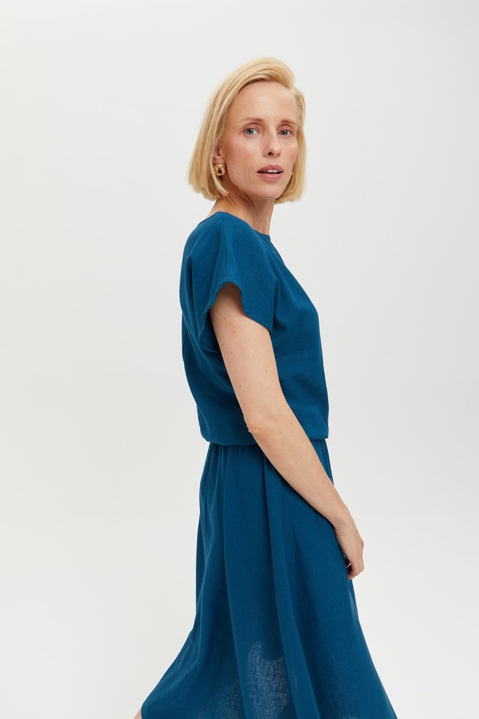 Nane | Linen Dress with Short Sleeves in Petrol-Blue from AYANI