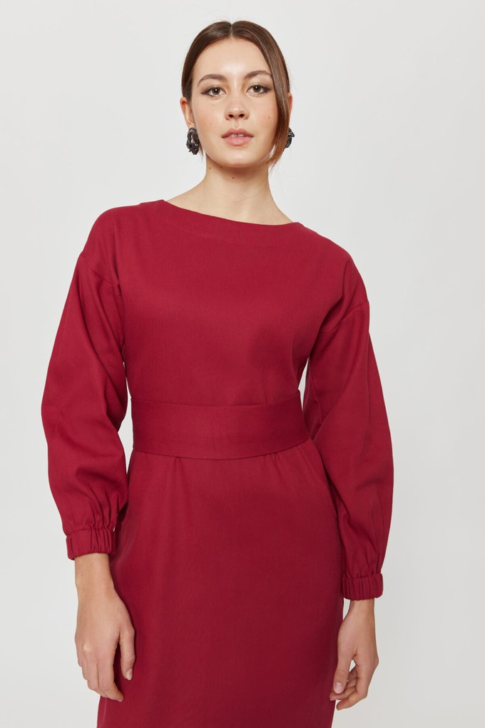 Stefanie | Winter Dress with Kimono Belt in Red-Bordo from AYANI