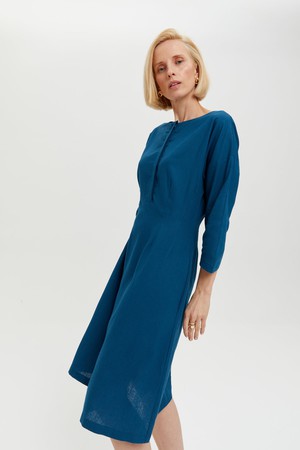 Lusin | Midi Linen Dress with Button-Front in Petrol-Blue from AYANI