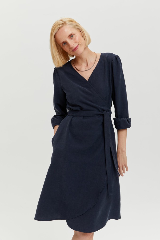 Sophie | Classy Wrap Dress with Puff Sleeves and Tie Waist in Dark Blue from AYANI